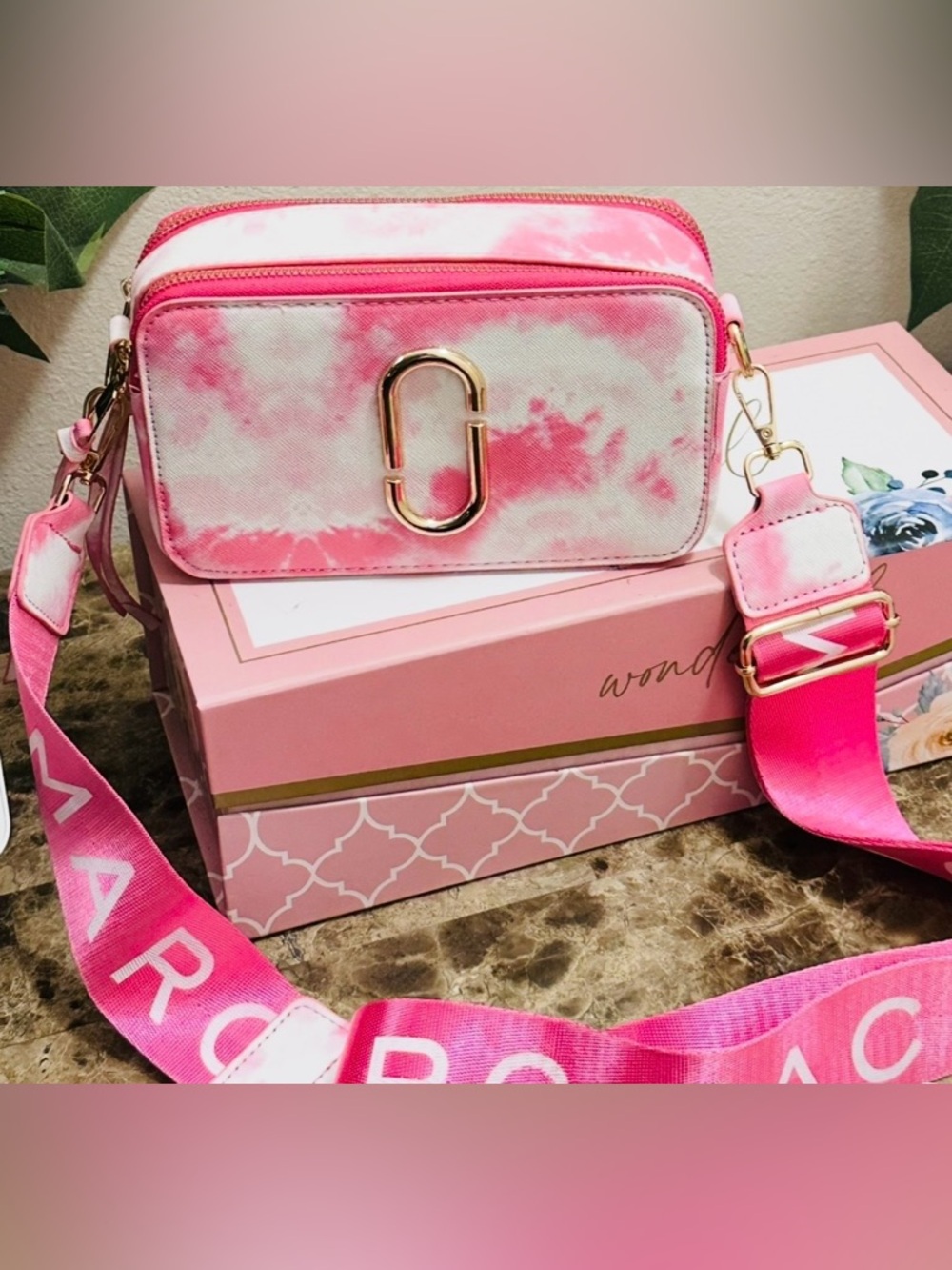 Pink Tie-Dye Crossbody Camera Bag with Gold Hardware